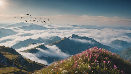 Summer mountain top landscape with beautiful flowers.above clouds meadow of blooming flowers.  AI...