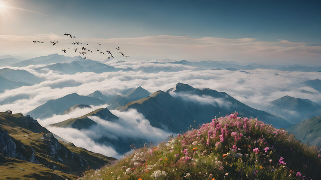 Summer mountain top landscape with beautiful flowers.above clouds meadow of blooming flowers.  AI generated image, ai.