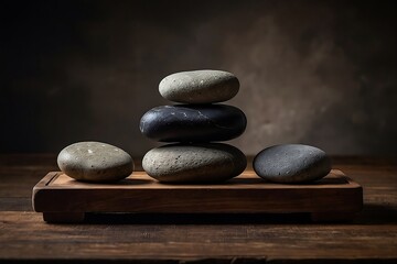 A stack of smooth spa stones arranged in a perfect pyramid atop a rustic wooden tray in studio background.