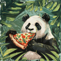 Panda eating pizza . Funny illustration cartoon panda.