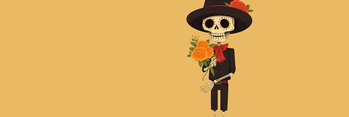 skeleton dressed in traditional attire holding bouquet of flowers, evoking cultural celebration vibe