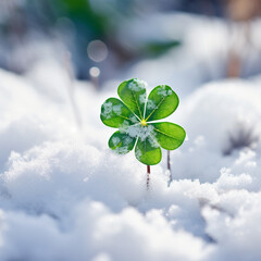 lucky clover in snow, christmas new year сreated with Generative Ai