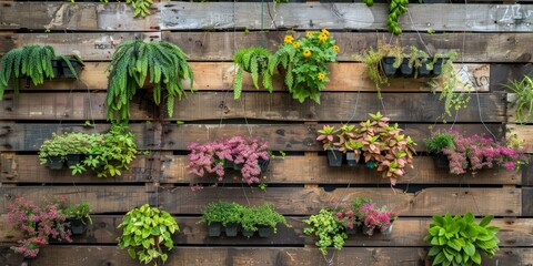 Wooden pallet filled with a diverse selection of different plants, showcasing various species and colors in a compact space - obrazy, fototapety, plakaty