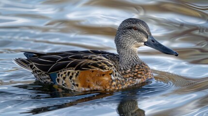 Fototapeta premium A duck swims looking for food with a beak like a shovel.