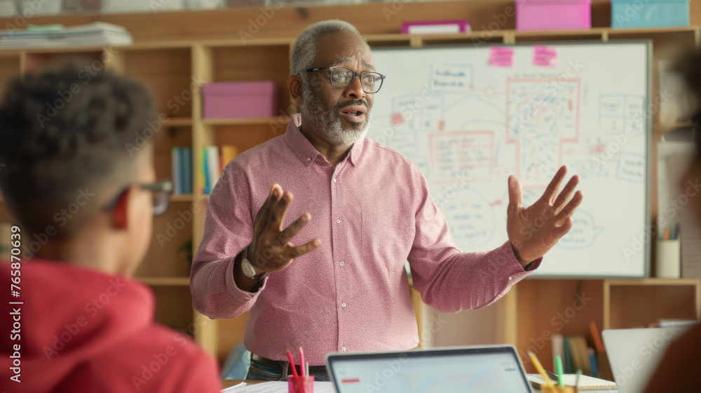 Poster a professional gestures while explaining a concept with a whiteboard in the background.