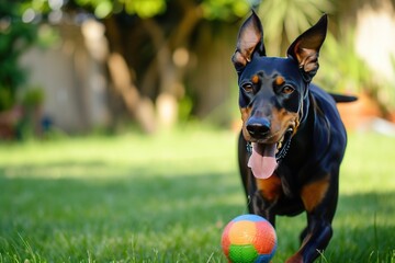A Doberman playing fetch with a brightly colored ball in a spacious backyard, its tail wagging with unrestrained joy, Copy Space.