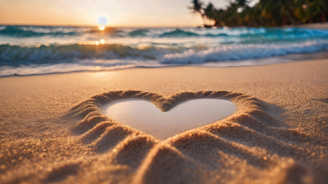  Heart Symbol On a Sand Of Beach.  Romantic composition.  AI generated image, ai