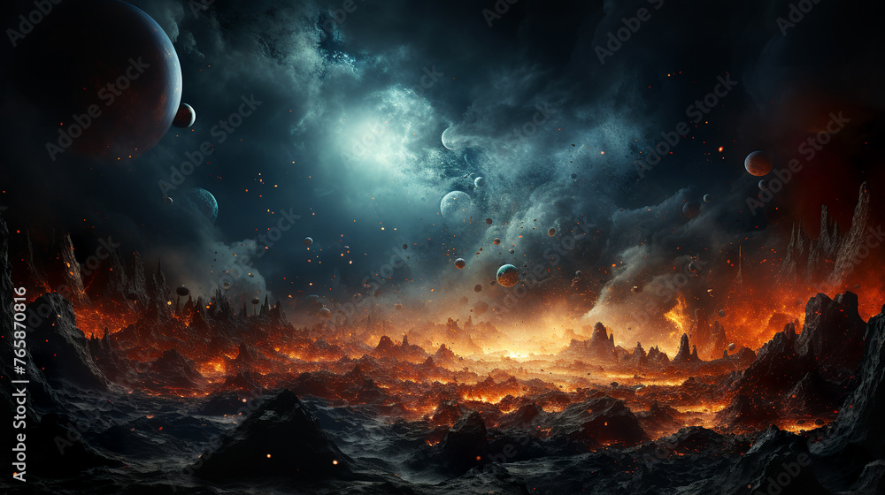 Wall mural A vast, fiery landscape lies beneath a dark, star-filled sky dotted with celestial bodies. The scene evokes a sense of a dystopian or alien world, illuminated by the glow of lava. AI generated. - Wall murals