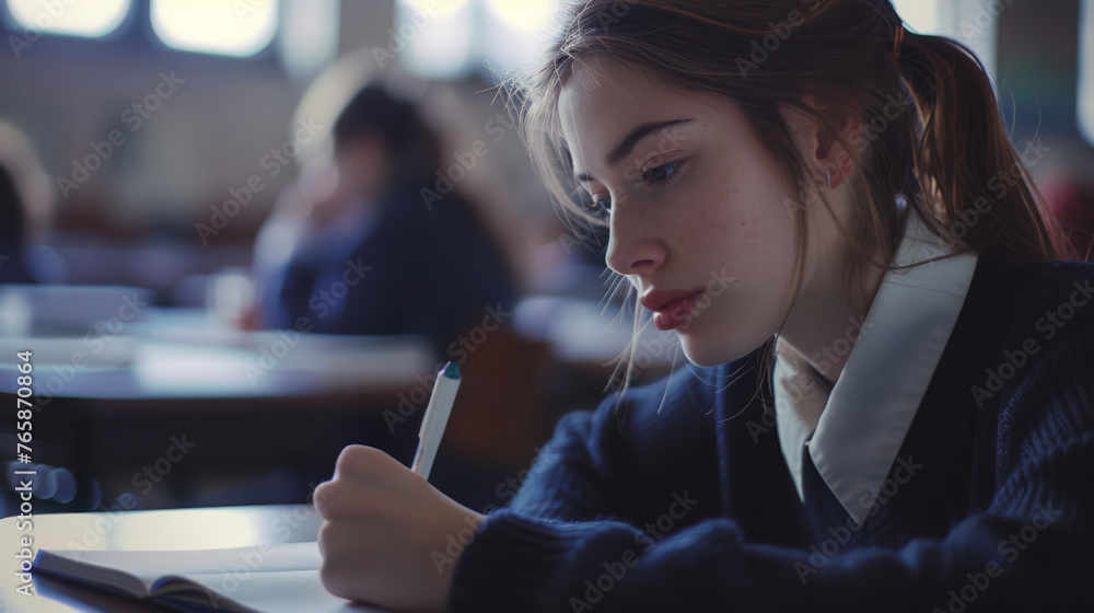 Poster student is writing an exam in a classroom setting.
