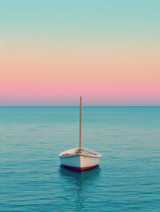 fresh fun pastel pink yellow green graphic  color boat on green sea water with pink sky for art frame poster and background