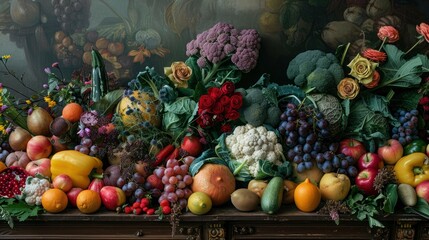 A beautifully arranged still life of assorted fruits and vegetables, highlighting their textures and colors