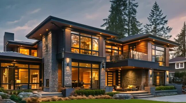 A contemporary luxury home with a blend of textures like stone cladding, wood accents, and metal finishes creating a harmonious and upscale exterior.