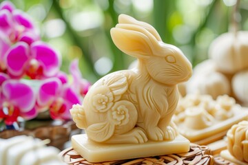 Carved soap rabbit surrounded by mooncakes and orchids, concept of Mid-Autumn Festival and craftsmanship