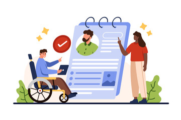 Assistance in job search for person with disability from employment agency. Tiny talent man in wheelchair with approved resume and interview, support of woman in hiring cartoon vector illustration