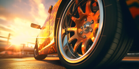 Extreme closeup shot of a back tire on a sportscar, View of wheel on car running at high speed on sunset background