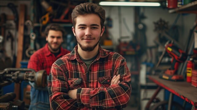 Young mechanic standing in workshop with arms crossed and smiling at camera