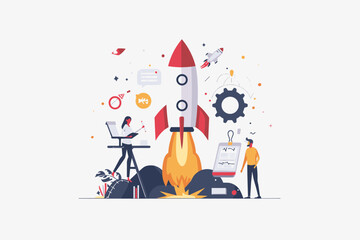 Startup Launch Success: Entrepreneurs Unveiling New Product with Excitement, Innovation in Technology and Business Growth Concept, Creative Illustration for Web Banner, Social Media, and Marketing Mat