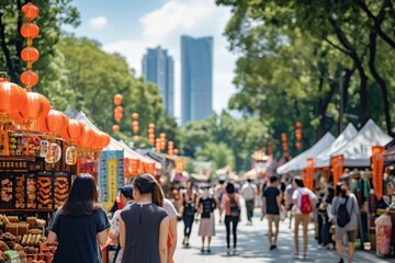 Vibrant Street Market with Colorful Stalls Selling Mooncakes and Festival Goods, Capturing the Festive Chaos and Cultural Celebration Concept.