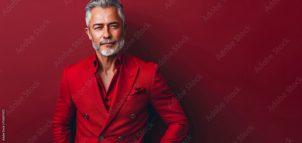 Wall mural A man in a red suit and sunglasses stands in front of a red background. He has a beard and a mustache. Grey haired middle aged stylish man in a red suit. Photo with copy space on dark red background