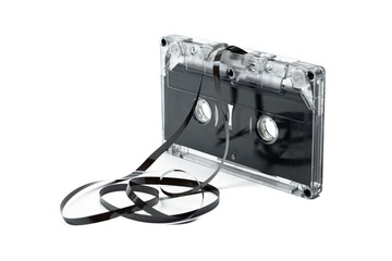 Audio cassette tape. Vintage cassette with crumpled ribbon on white background