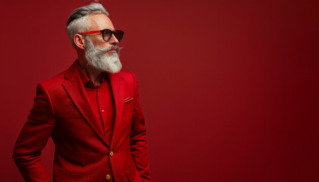 A man in a red suit and sunglasses stands in front of a red background. He has a beard and a mustache. Grey haired middle aged stylish man in a red suit. Photo with copy space on dark red background