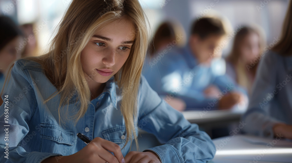 Poster student is writing an exam in a classroom setting.