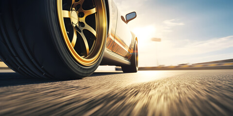 Sport car on the road side view with motion blur background, Cars tires racing on the track in the style of realistic still lifes with dramatic lighting - obrazy, fototapety, plakaty