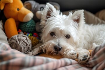 A content West Highland White Terrier curled up in a cozy bed, surrounded by plush toys and blankets,