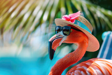 funny flamingo sitting on a lounger at a tropical beach