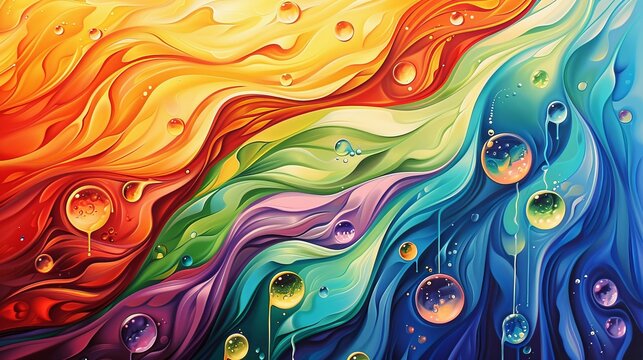 An artwork featuring vibrant, abstract patterns and shapes resembling water and droplets of water.