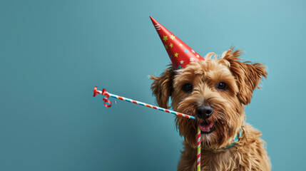 A dog wearing a party hat holds a ribbon streamer in its mouth.
