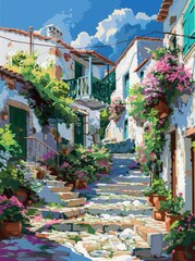 Fototapeta na wymiar A painting depicting a street filled with colorful flowers blooming along the sidewalks and in hanging baskets, creating a lively and vibrant atmosphere