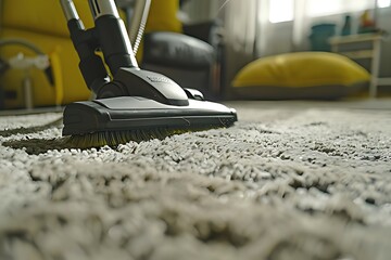 person cleaning carpet with vaccum cleaner - obrazy, fototapety, plakaty