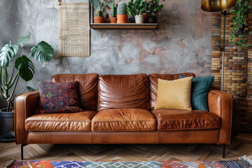 brown leather couch in modern bohemian living room