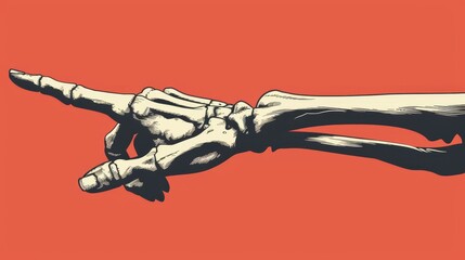 Skeletal hand illustration with extended finger, concept of anatomy, direction, and human biology