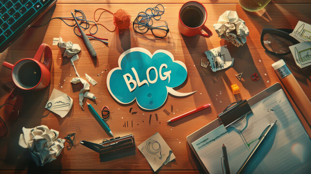 A notepad contains a colorful blog planning diagram with annotations and drawings.