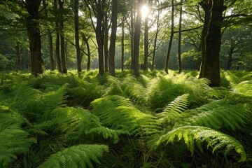 A peaceful forest glade with sunlight filtering through the trees, illuminating a carpet of ferns - obrazy, fototapety, plakaty