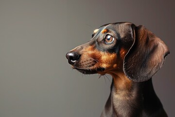 A curious exploring its surroundinDachshund gs, placed to the right against a plain background, leaving room for text on the left side.