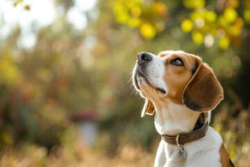A curious beagle sniffs the air, its ears perked up in interest, - obrazy, fototapety, plakaty