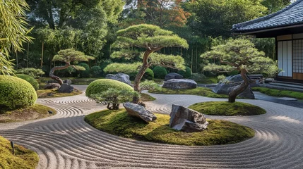 Schilderijen op glas A peaceful Japanese garden with meticulously raked gravel and ornamental bonsai trees © Image Studio
