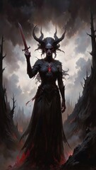 Fototapeta premium Large silhouette of the terrifying goddess of war in black attire in the air. Majestic mountains reaching the sky. Dark fantasy art
