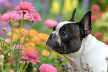A curious French Bulldog exploring a colorful flower garden, its nose twitching with each new scent, Copy Space.