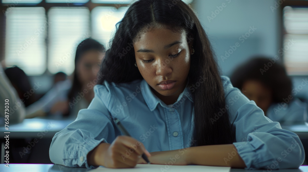 Poster student is writing an exam in a classroom setting.