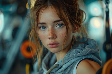 Close up portrait of young woman in sportwear at gym fitness with sweaty face. Sports training...