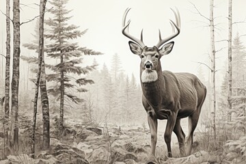 Majestic male deer standing in a woodland clearing with a proud expression. The deer has large antlers, a muscular body, and the sun shining through the trees.