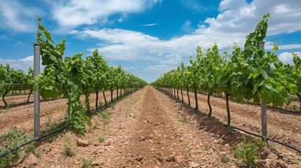A picturesque vineyard with rows of grapevines stretching towards the horizon under a blue sky