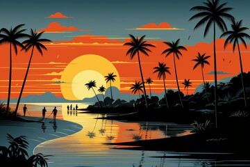 Four friends, two men, and two women, strolling along the sandy beach at sunset with the beautiful sun setting in the background, creating a picturesque scene. - obrazy, fototapety, plakaty