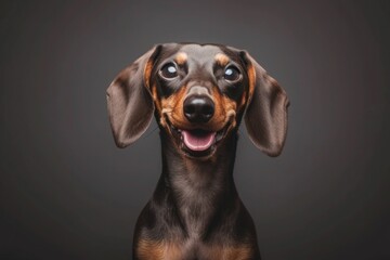 A Dachshund with a shiny coat, gazing into the distance, with space for text along the bottom edge of the image.