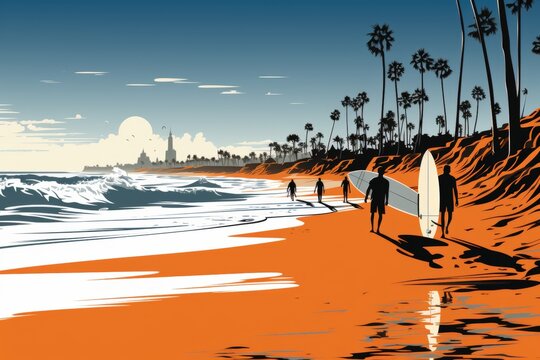 A group of surfers walk on the beach at sunset carrying their surfboards. The sky is a deep orange, and the waves are crashing on the shore. The image has a retro, vintage feel.