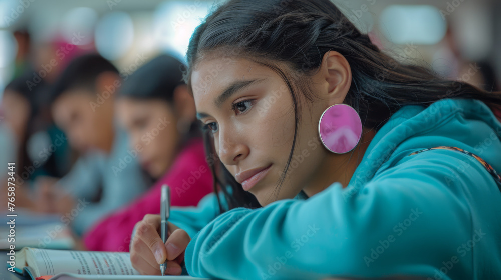 Poster student is writing an exam in a classroom setting.